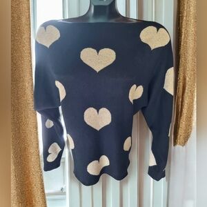 Belldini Metallic Gold Heart Dolman Sleeve Black Sweater